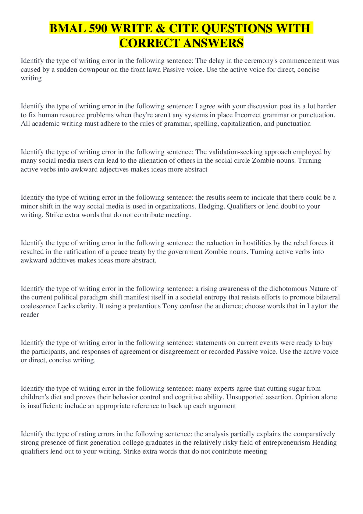 Preview of BMAL 590 WRITE & CITE QUESTIONS WITH CORRECT ANSWERS
